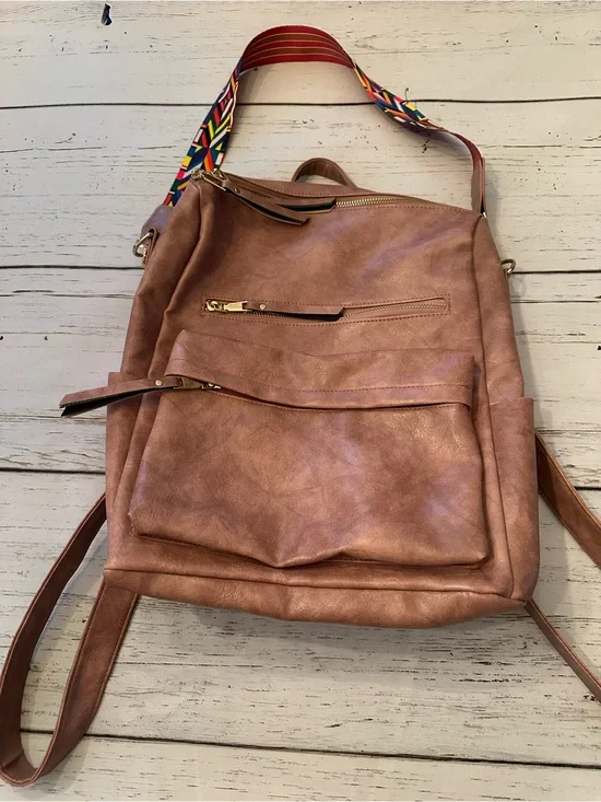 Blush Pink Vegan Leather Backpack with Colorful Strap