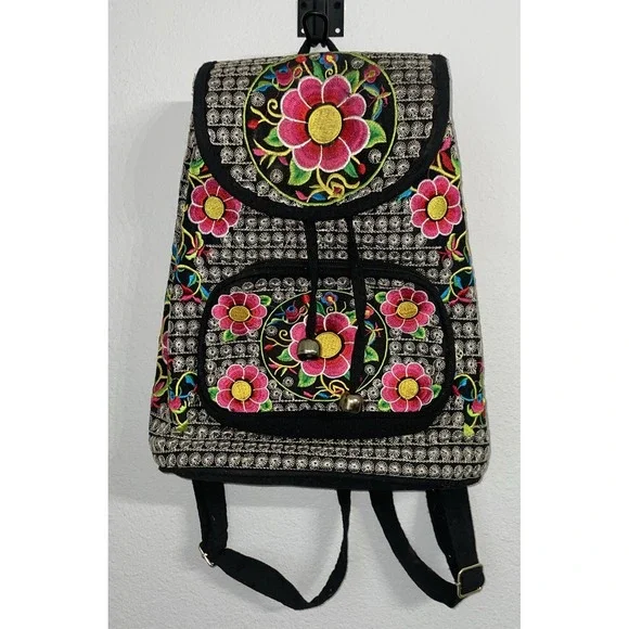Womens Ethnic‎ Embroidered Floral Backpack Travel Shoulder Bag Pink Folk Art
