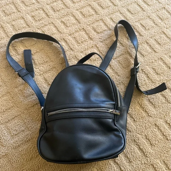 Mini Black Backpack, Faux Leather with Silver Hardware