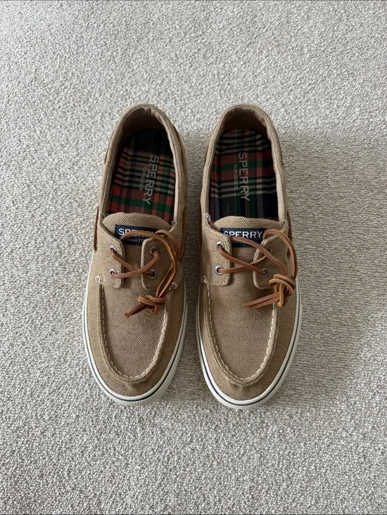 Men’s Sperry Tan Canvas & Brown Leather Lace Boat Shoes