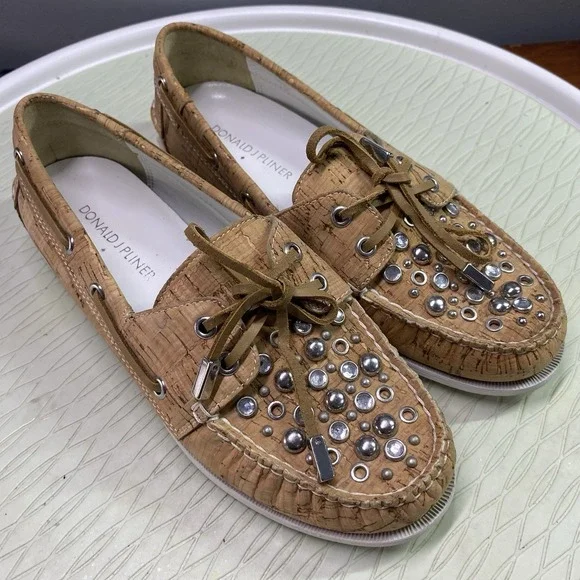 Donald J. Pliner Tan Cork Women's Boat Loafer Shoes with silver Buttons‎ Sz.5.5M