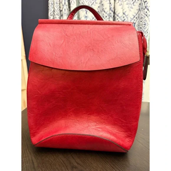 Red Vegan Leather Minimalist Backpack Gold‎ Hardware Flap Closure Red