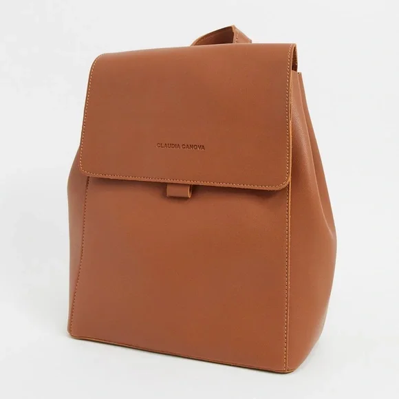 Claudia Canova Unlined Flapover Backpack Tan Faux Leather Minimalist