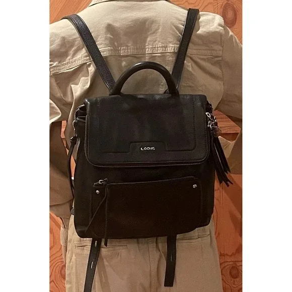 Lodis Stellene Black Pebbled‎ Leather Backpack Travel Laptop Minimalist Bag