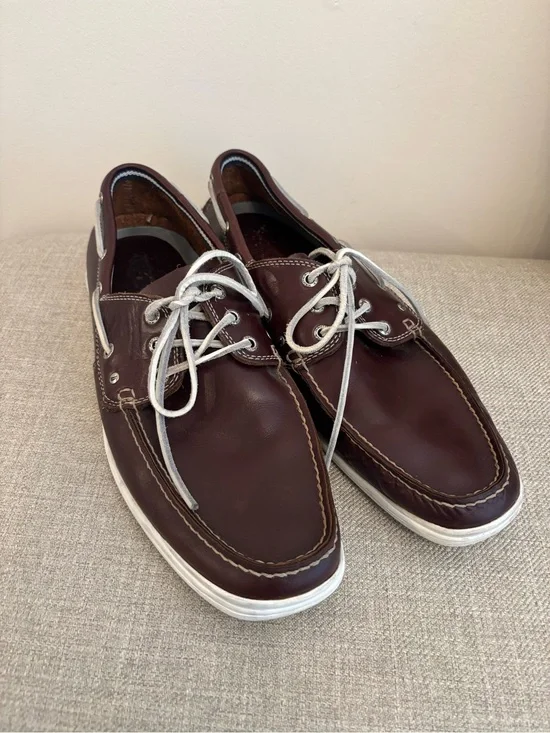 Nautica Hyannis Mens 13 Brown Leather Slip On Deck Shoes Rawhide Laces