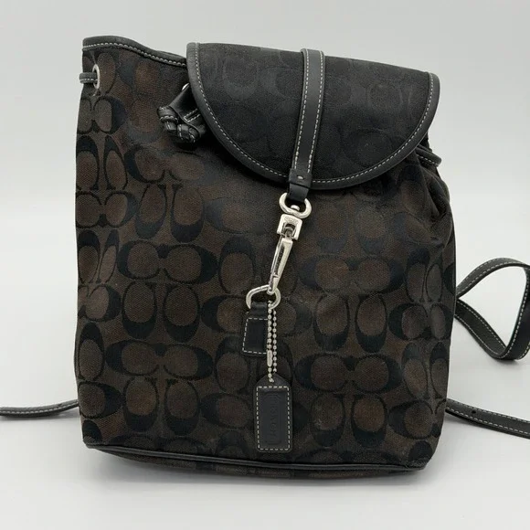 Coach Signature Monogram Canvas Leather Backpack Brown Black E05J-6618