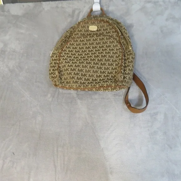 Michael Kors Abbey Backpack Signature Monogram Canvas Tan Leather Gold Hardware