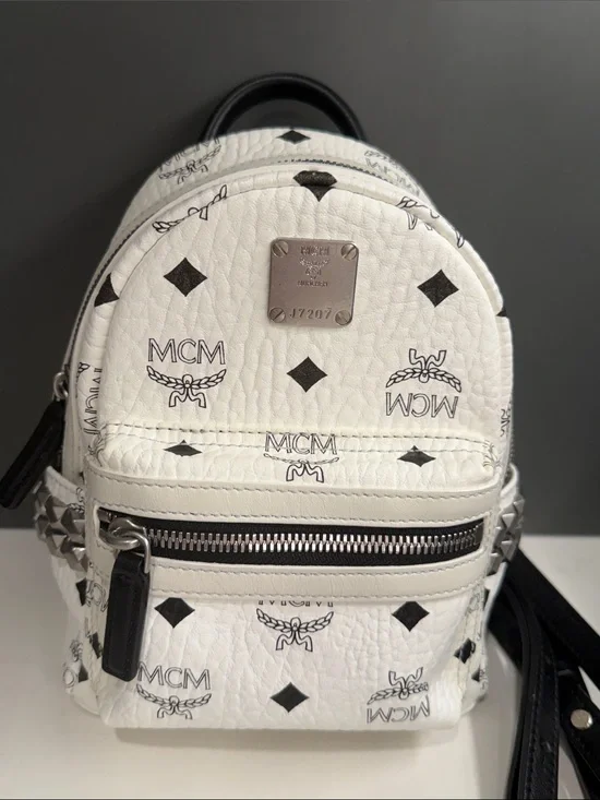 MCM White Mini Visetos Logo Backpack with Black and Silver Accents with COA