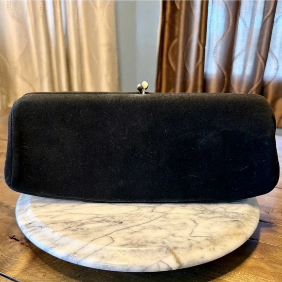 VTG 60s MCM Black Faille Fabric Evening Clutch Purse Gold Kiss Clasp 11.5x4.5