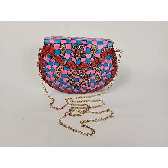 Ramla Mosaic Handmade Bag Pink Blue with Detachable‎ Chain Strap Selling Sunset