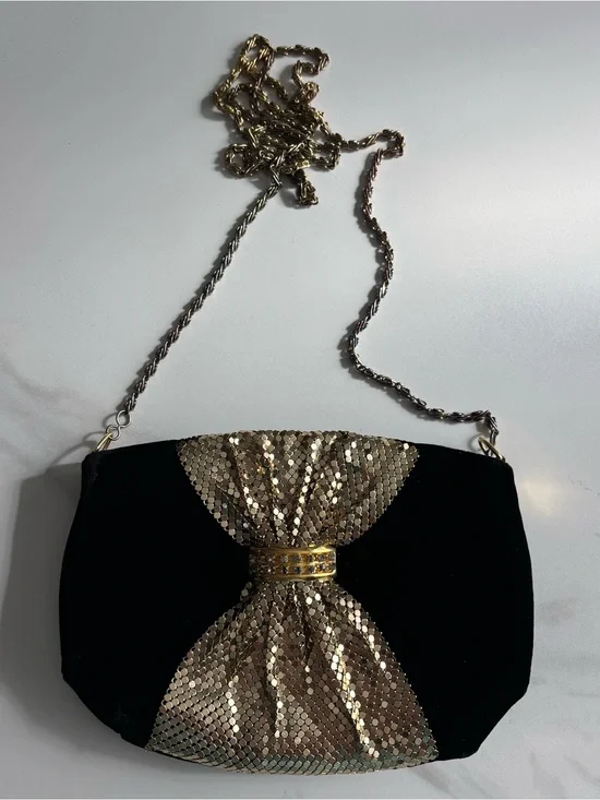 Vintage Gold Bow Evening Crossbody Bag - velvet Black