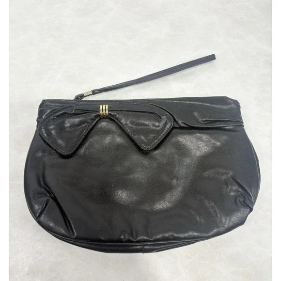 Vintage Black Faux Leather Wristlet Clutch Purse Gold Tone Detail 10x6 Taiwan‎