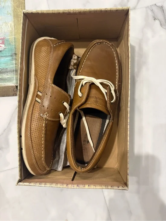 Margaritaville Men's Brown Leather Boat Shoes with White Laces