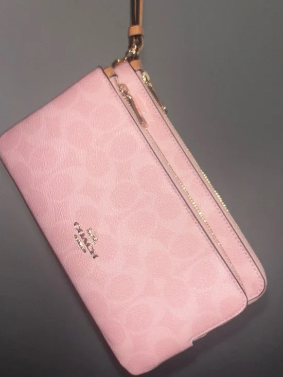 Coach Pink Signature Double-Zip Wristlet with Gold Hardware