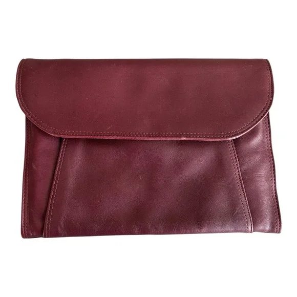 DeNura Leather Clutch Bag Envelope Style Burgundy Gusseted Divided Made in Korea