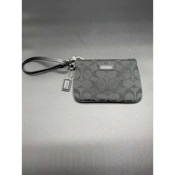 Coach Signature Jacquard Small Wristlet Black Canvas‎ Leather Trim 6.25x4
