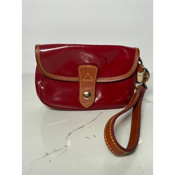 Dooney & Bourke Red Patent Leather Wristlet‎ Tan Trim Duck Charm Clutch Bag