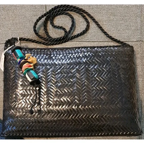 Vtg Genie Black Wicker Woven Purse/Handbag Made In The Philippines New With Tags
