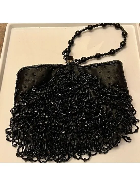 Vtg Whimsigoth Black Beaded Dark Romance Fairy Goth Evening Purse Moni Couture