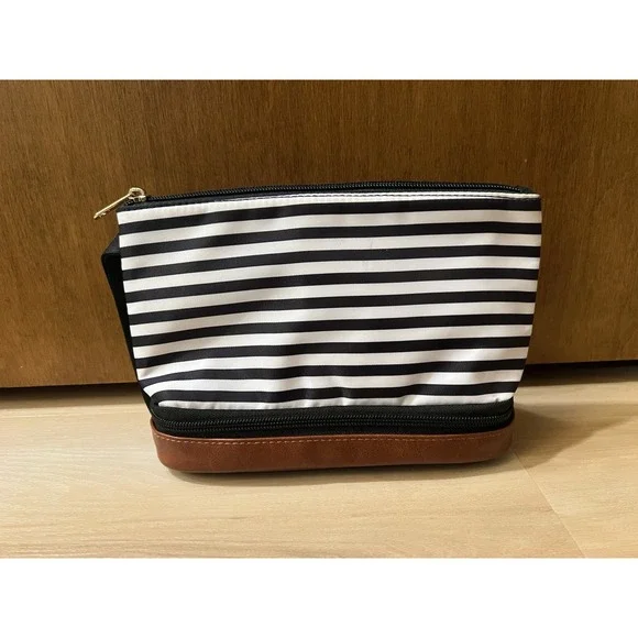 Unbranded Black White‎ Striped Wristlet Makeup Cosmetic Faux Brown Leather