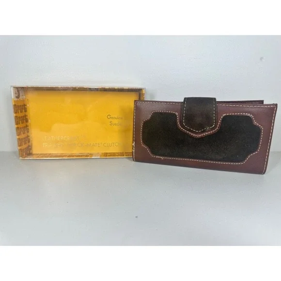 NEW! Leathercraft Framed Check-Mate Clutch Genuine Suede Brown/Dark‎ Brown
