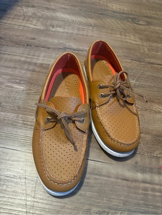 Sperry Men’s Tan Leather Perforated Boat Shoes with Orange Lining