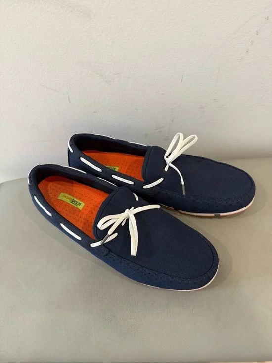Swims Navy Boat Shoes with White Laces and Orange Interior