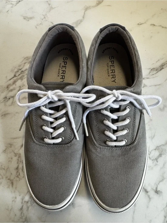 Sperry Men's Gray Canvas Boat Shoes with White Laces