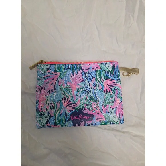 Lilly Pulitzer Seahorse Coral Print Zip Pouch Wristlet Blue Pink Gold‎