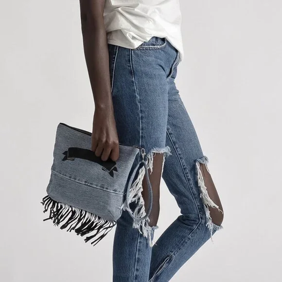 ONE TEASPOON WESTERN VINT DENIM CLUTCH WITH FRINGE WRISTLET‎ STRAP