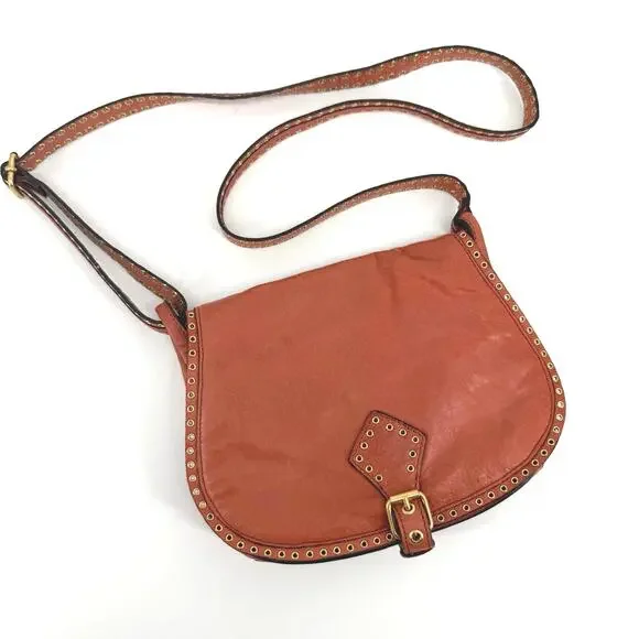 VTG Burnt Orange Leather Studded Crossbody Bag Boho Saddle Purse Rebecca Minkoff