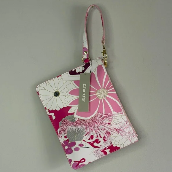 Chico’s NWT Pink Floral Wristlet Clutch Gold Hardware