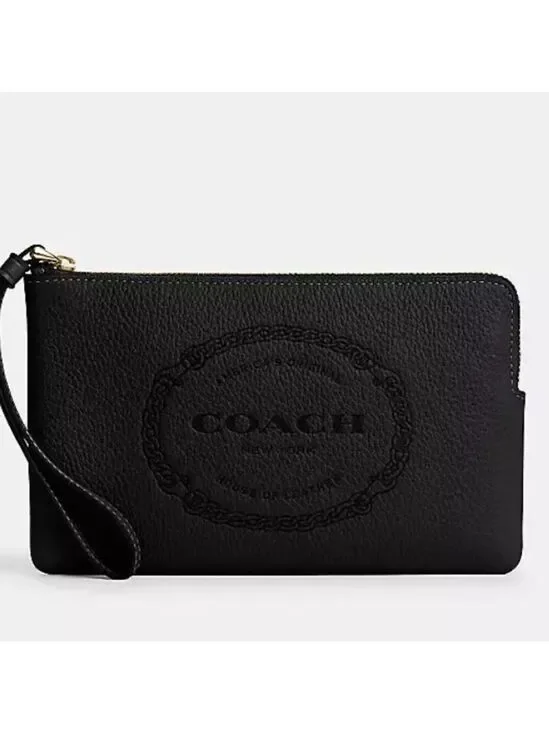 Coach Large Corner Zip Black Wristlet with Heritage Horse