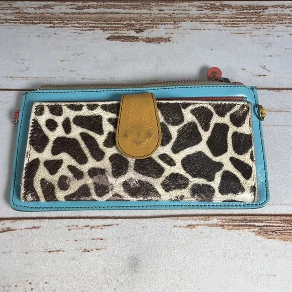 Soruka Kimber Leather Crossbody Clutch Wallet Animal Print Heavy Wear