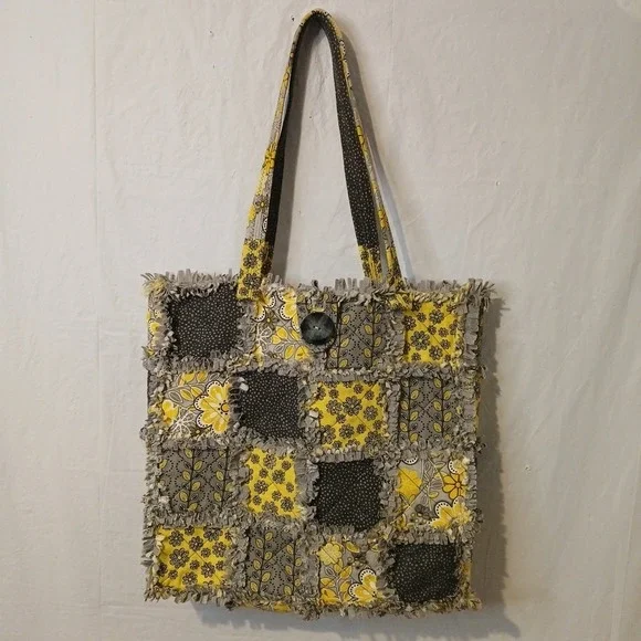 Handmade Quilted Bag Large With Button Closure Yellow Gray‎ And Black
