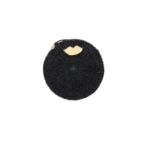 Clare V. Black Woven Raffia Circle Clutch Gold Lips Detail Summer Vacation Bag