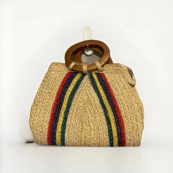 STRIPED STRAW‎ WOVEN SATCHEL TOTE HANDMADE HANDBAG MULTICOLOR Handmade