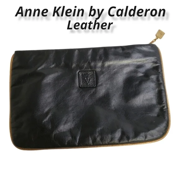 Anne Klein Clutch Bag By Calderon Black Leather with Bronze Trim EUC