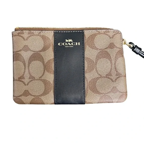 Coach Signature Canvas Black Stripe Wristlet Pouch‎ Cosmetic Case