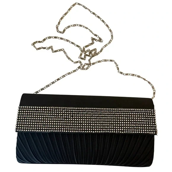 Vintage Evening Clutch Women‎ Black Rhinestone Pleated Satin Chain Strap Regency