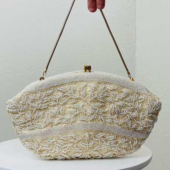 Vintage 60s White Beaded Clutch with Gold Tone Clasp