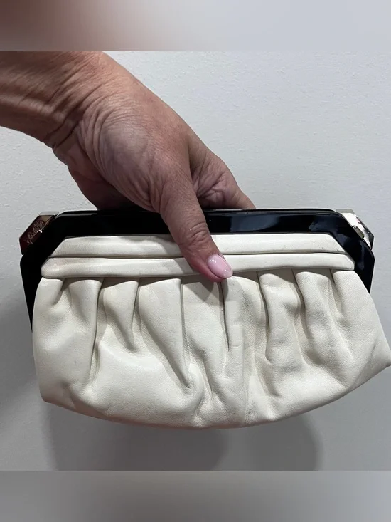 Bally Vintage Ivory Leather Frame Clutch Bag Black Resin Frame Gold Hardware