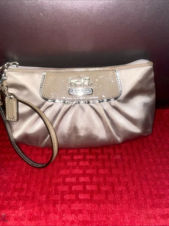 Coach Metallic Taupe Satin Wristlet with Gold Hardware