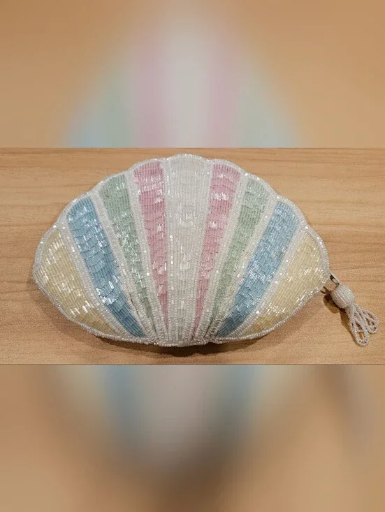 Vintage Handmade Beaded Seashell Pastel Color Pouch Bag Zipper Closure Boho Chic