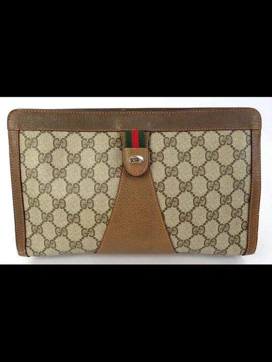 Gucci Beige GG Canvas and Brown Leather Clutch with Green-Red Web