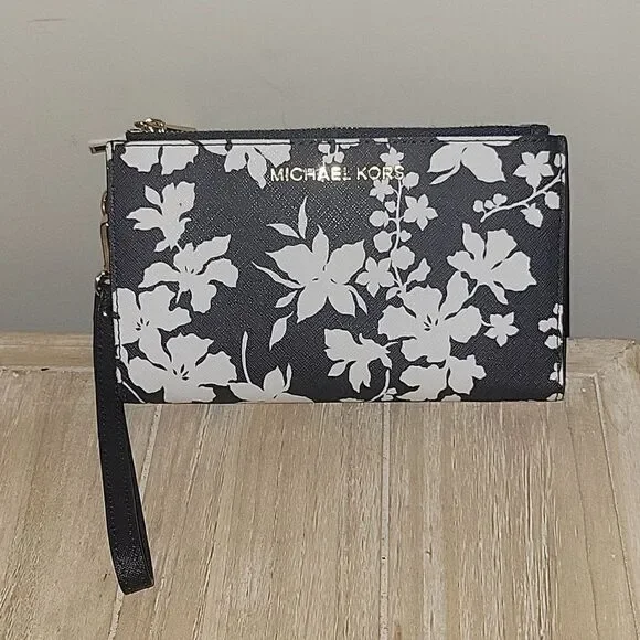 Michael Kors Jet Set Travel Double Zip Wristlet Navy Blue Floral Wallet