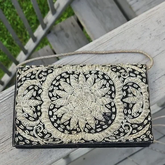 Vintage Black Velvet Clutch with Gold Metal Wire Coilwork Embroidery