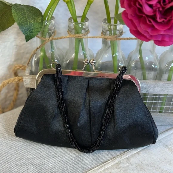Target Vintage-Style Black Satin‎ Pleated Evening Bag with Beaded Strap 8.25x4.5