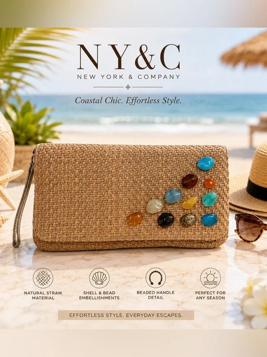 New York & Company Natural Straw Clutch with Multicolor Bead Accents