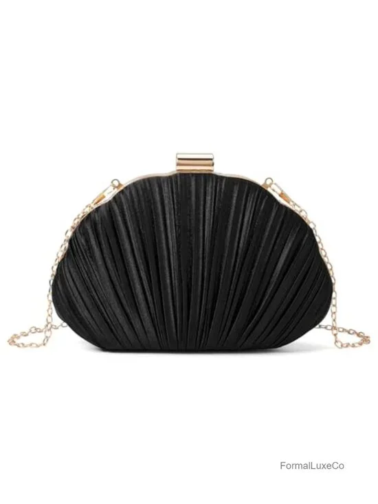 Pleated Satin Seashell Evening Clutch Purse with Chain - Wedding Formal Handbag